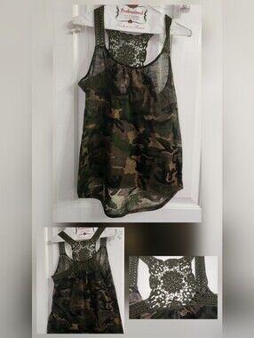 Crochet-Back Camo Racerback Tank Top - Olive Green